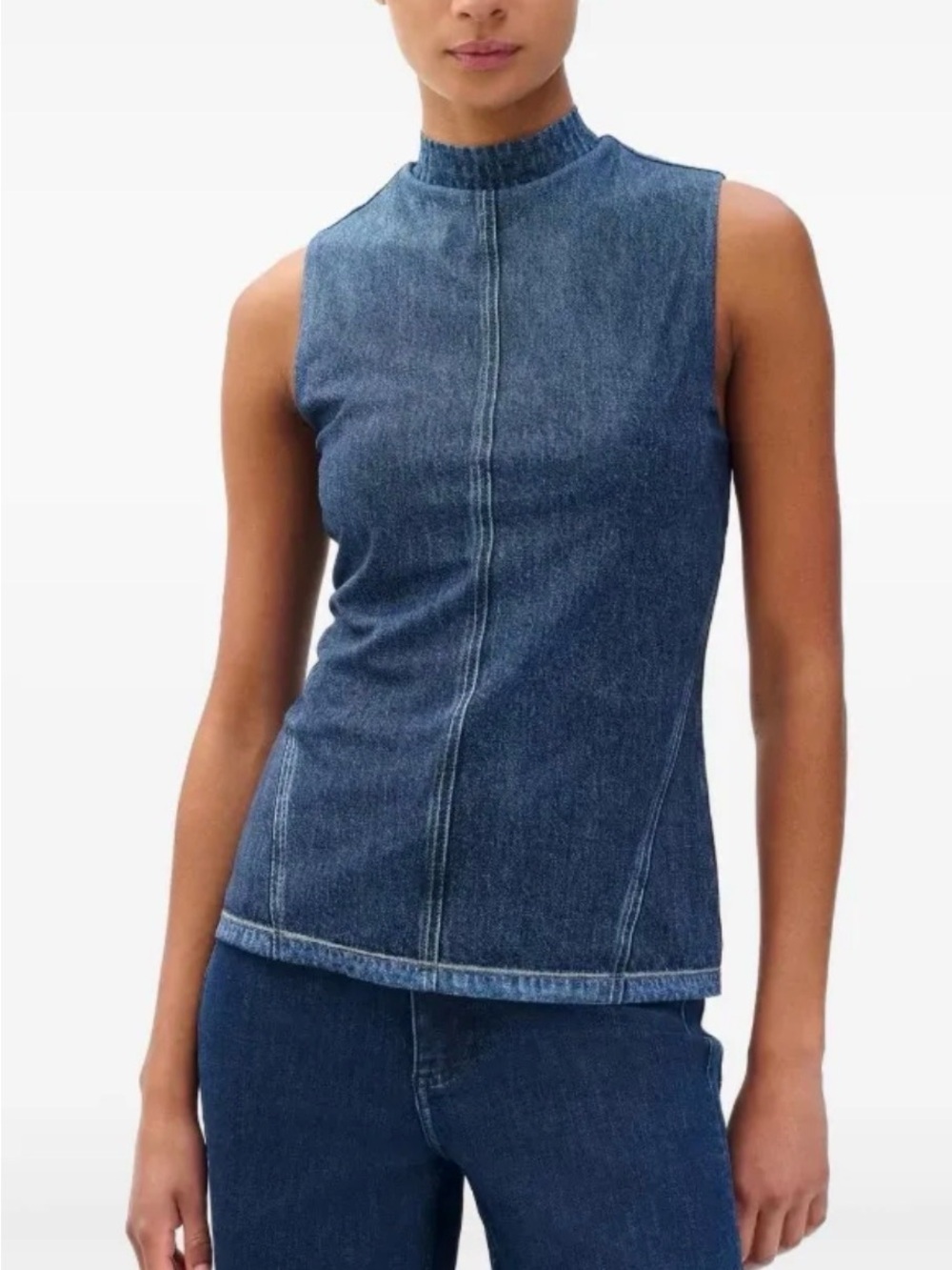 rag & bone Navy and Denim Mock-Neck Shell Top Size M $228